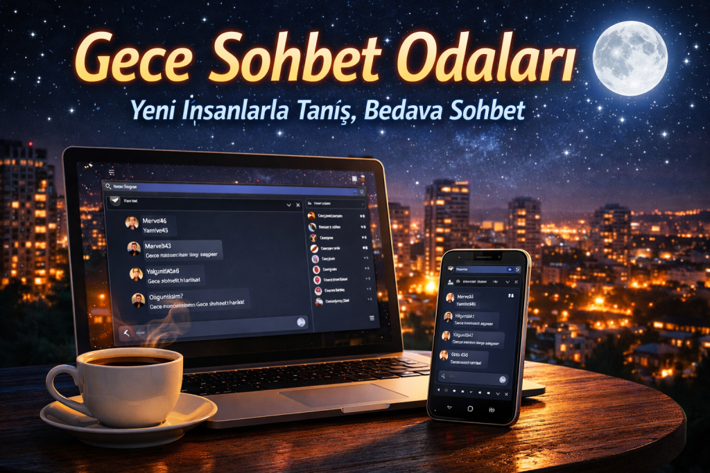 Gece sohbet odalarında yeni insanlarla tanışma ve ücretsiz gece chat ortamında sohbet etme imkanı sunan online sohbet platformu.