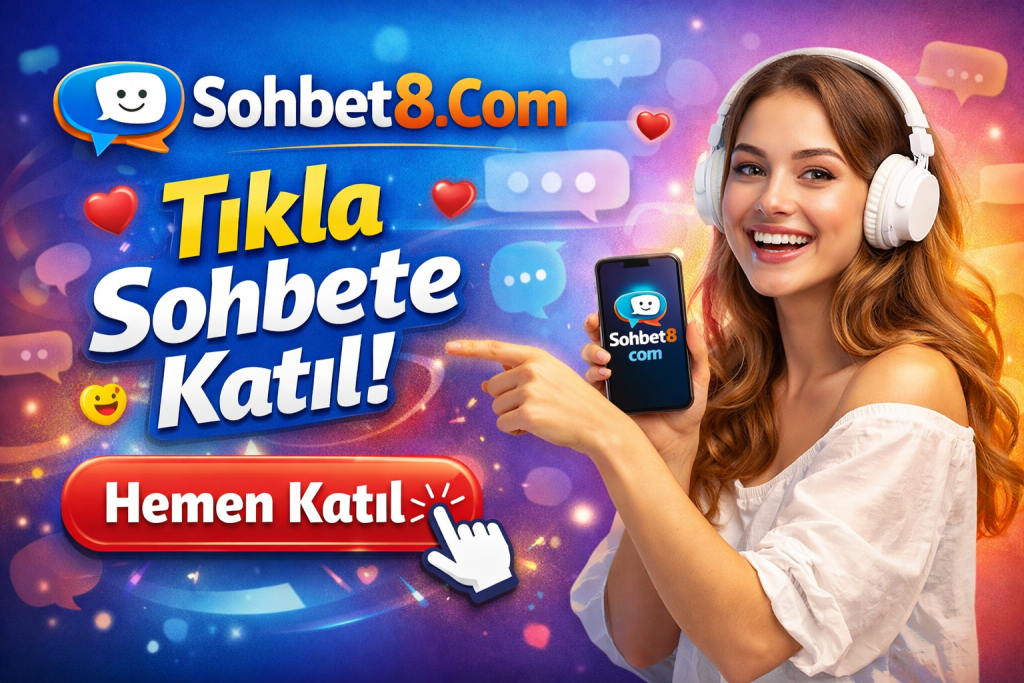 Sohbet8.com chat sitesi için tıkla sohbete katıl yazılı, kulaklıklı kadın görselli online sohbet reklam bannerı