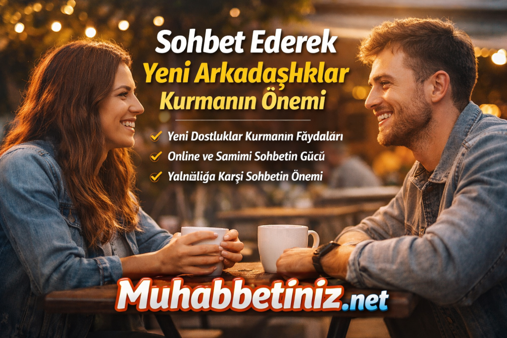 Kafede sohbet eden iki kişinin samimi konuşmasıyla yeni arkadaşlıklar kurmanın önemini anlatan görsel, Muhabbetiniz.net tanıtımı