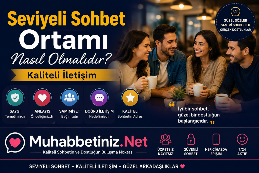 Seviyeli sohbet ortamını anlatan, kaliteli iletişim ve güvenli arkadaşlık temasını vurgulayan Muhabbetiniz.Net görseli.